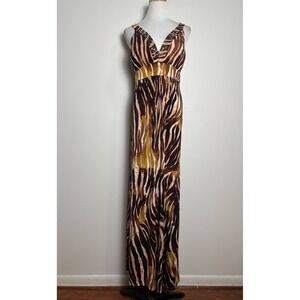Hale Bob Zebra Print Maxi Dress Large Brown Babydoll Rhinestone Glam Resort Boho